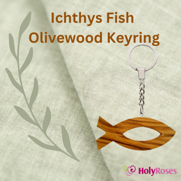 Ichthys Fish Olivewood Keyring with olivebranch background